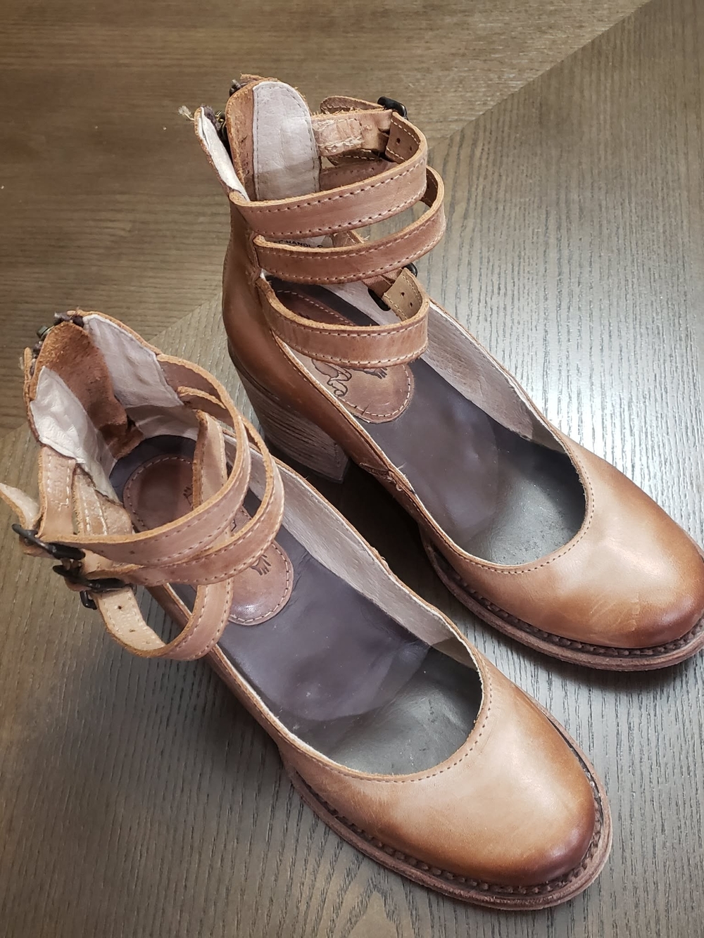 Freebird by Steven Randi Women's Tan Leather Ankle-Strap Block Heels Size 6